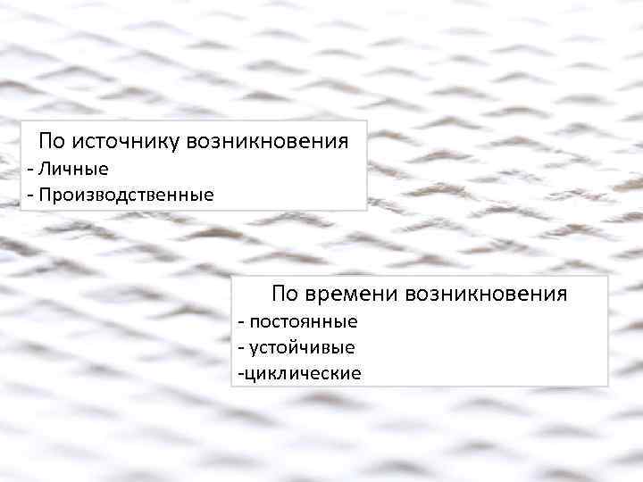По источнику возникновения - Личные - Производственные По времени возникновения - постоянные - устойчивые