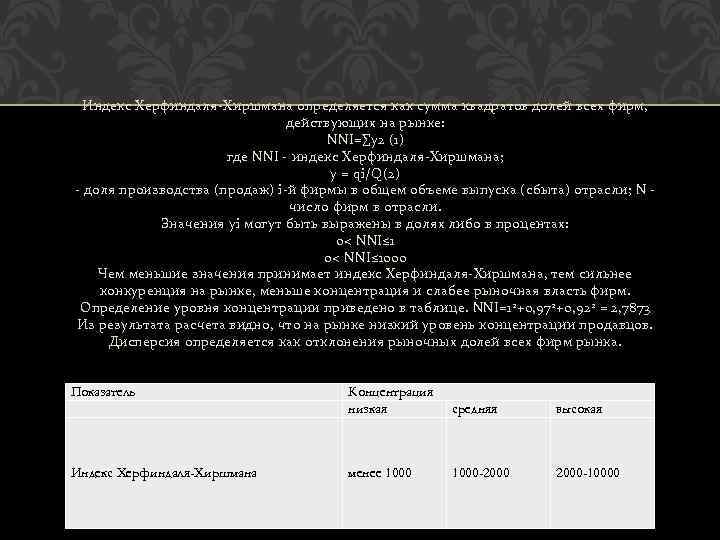 Индекс Херфиндаля-Хиршмана определяется как сумма квадратов долей всех фирм, действующих на рынке: NNI=∑y 2