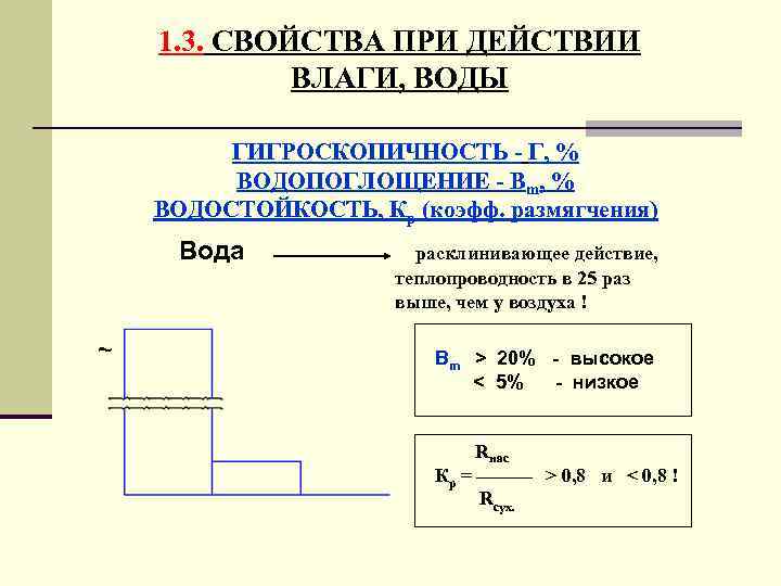 1. 3. СВОЙСТВА ПРИ ДЕЙСТВИИ ВЛАГИ, ВОДЫ ГИГРОСКОПИЧНОСТЬ - Г, % ВОДОПОГЛОЩЕНИЕ - Вm,