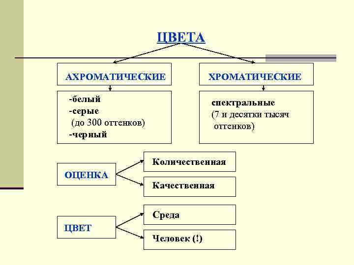 ЦВЕТА АХРОМАТИЧЕСКИЕ -белый -серые (до 300 оттенков) -черный ХРОМАТИЧЕСКИЕ спектральные (7 и десятки тысяч