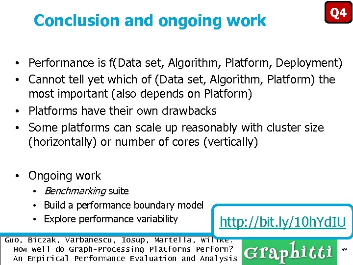  Conclusion and ongoing work Q 4 • Performance is f(Data set, Algorithm, Platform,