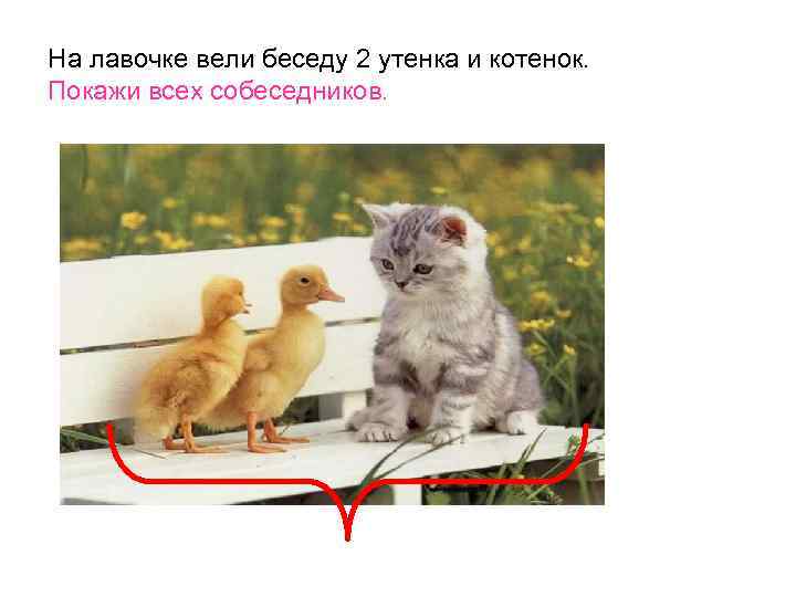 На лавочке вели беседу 2 утенка и котенок. Покажи всех собеседников. 