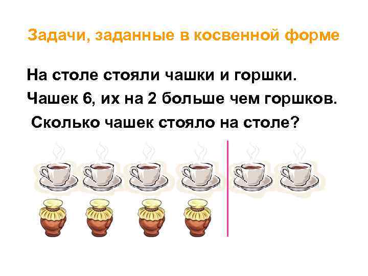 Задачи, заданные в косвенной форме На столе стояли чашки и горшки. Чашек 6, их