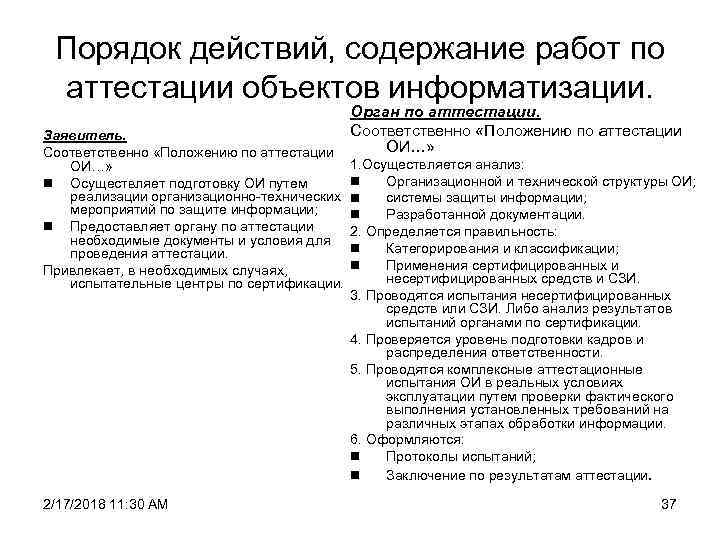 Порядок действий, содержание работ по аттестации объектов информатизации. Орган по аттестации. Соответственно «Положению по