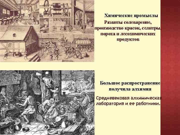 Химические промыслы Развиты солеварение, производство красок, селитры, пороха и лесохимических продуктов Большое распространение получила