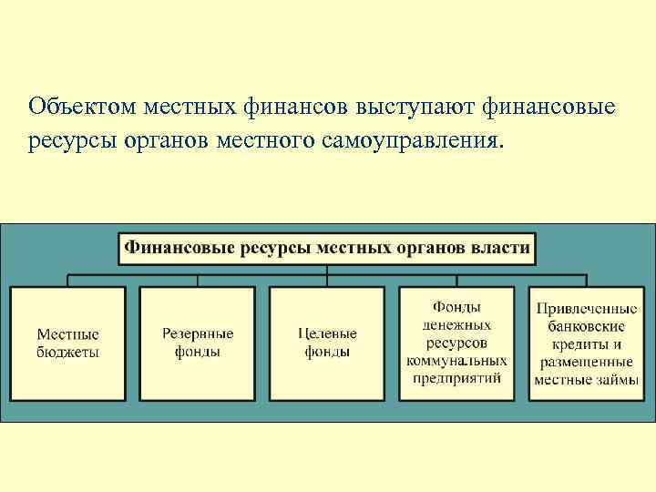 Объектом местных финансов выступают финансовые ресурсы органов местного самоуправления. 