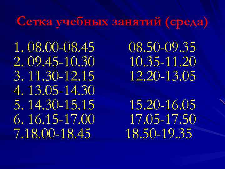 Сетка учебных занятий (среда) 1. 08. 00 -08. 45 2. 09. 45 -10. 30