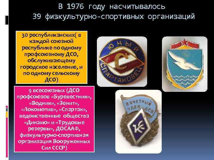 В 1976 году насчитывалось 39 физкультурно-спортивных организаций 30 республиканских( в каждой союзной республике по