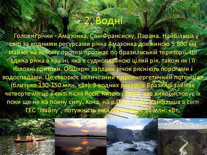 2. Водні. Головні річки - Амазонка, Сан-Франсиску, Парана. Найбільша у світі за водними ресурсами