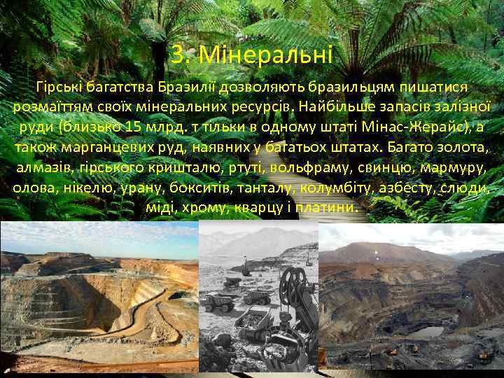 3. Мінеральні. Гірські багатства Бразилії дозволяють бразильцям пишатися розмаїттям своїх мінеральних ресурсів. Найбільше запасів