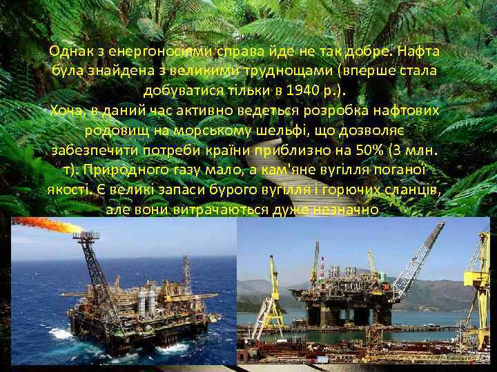 Однак з енергоносіями справа йде не так добре. Нафта була знайдена з великими труднощами