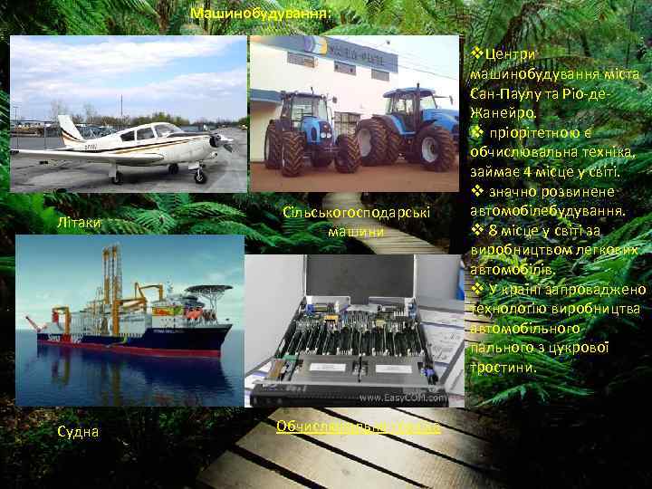 Машинобудування: Літаки Сільськогосподарські машини Судна Обчислювальна техніка v. Центри машинобудування міста Сан-Паулу та Ріо-де.