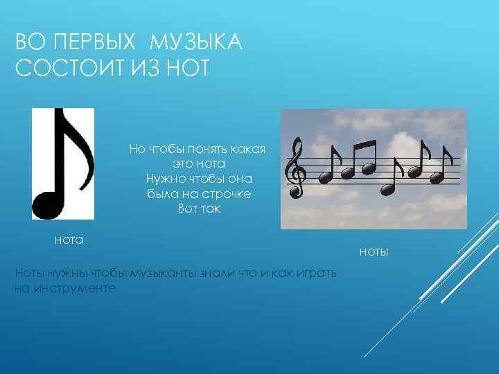 ВО ПЕРВЫХ МУЗЫКА СОСТОИТ ИЗ НОТ Но чтобы понять какая это нота Нужно чтобы