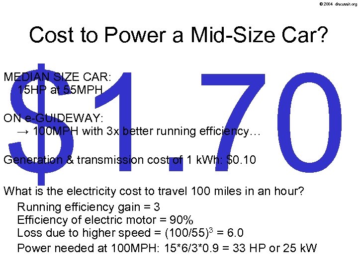 © 2004 discussit. org Cost to Power a Mid-Size Car? $1. 70 MEDIAN SIZE