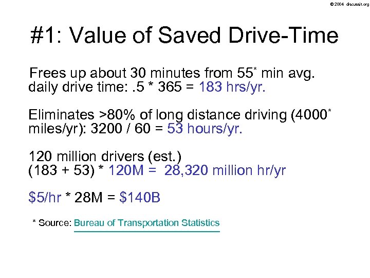 © 2004 discussit. org #1: Value of Saved Drive-Time Frees up about 30 minutes