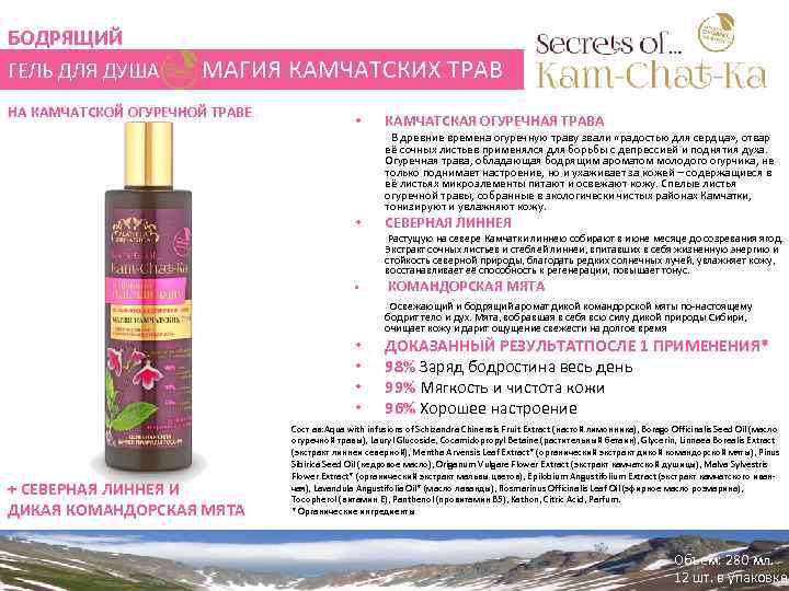 БОДРЯЩИЙ ГЕЛЬ ДЛЯ ДУША МАГИЯ КАМЧАТСКИХ ТРАВ НА КАМЧАТСКОЙ ОГУРЕЧНОЙ ТРАВЕ • КАМЧАТСКАЯ ОГУРЕЧНАЯ