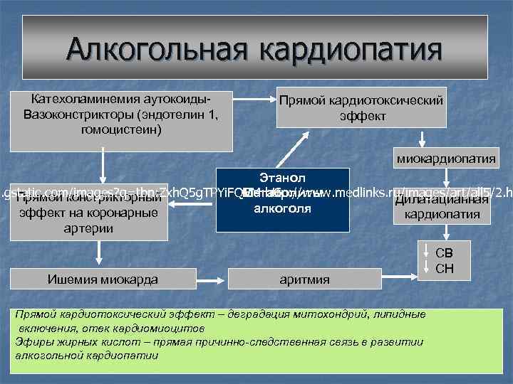 Алкогольная кардиопатия Катехоламинемия аутокоиды. Вазоконстрикторы (эндотелин 1, гомоцистеин) Прямой кардиотоксический эффект миокардиопатия Этанол 0.
