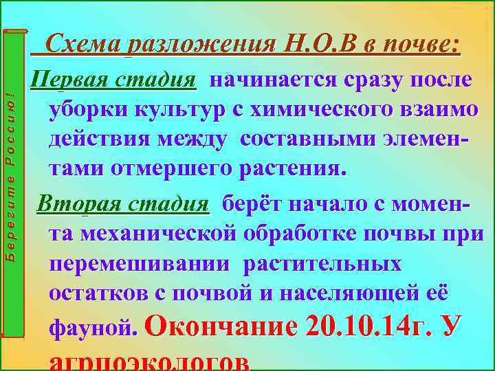 Берегите Россию! Схема разложения Н. О. В в почве: Первая стадия начинается сразу после