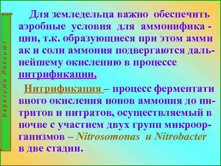 Берегите Россию! Для земледельца важно обеспечить аэробные условия для аммонифика ции, т. к. образующиеся