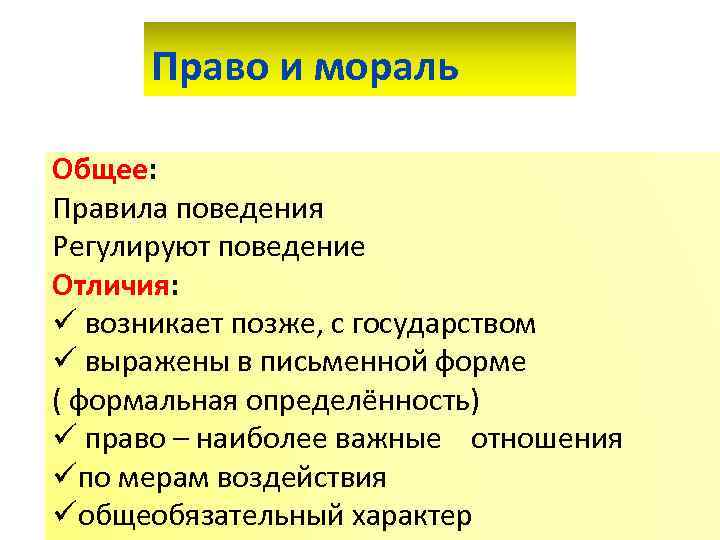 Право и мораль Общее: Правила поведения Регулируют поведение Отличия: ü возникает позже, с государством