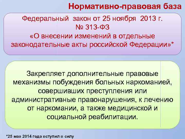 Нормативно-правовая база Федеральный закон от 25 ноября 2013 г. № 313 -ФЗ «О внесении
