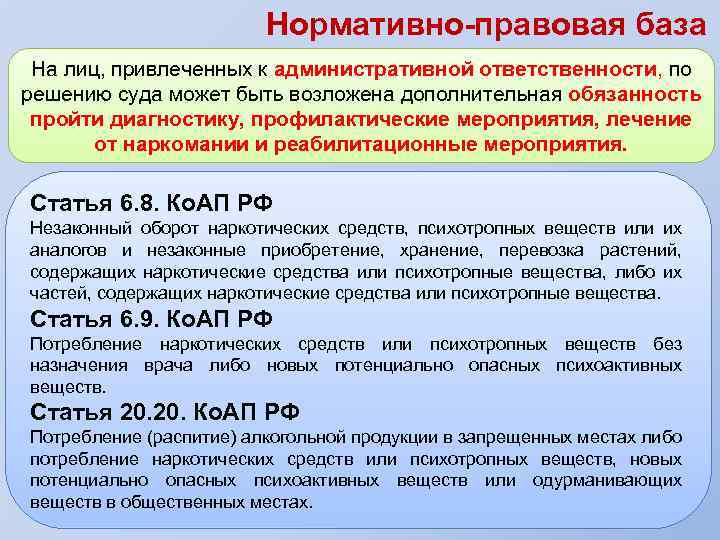 Нормативно-правовая база На лиц, привлеченных к административной ответственности, по решению суда может быть возложена