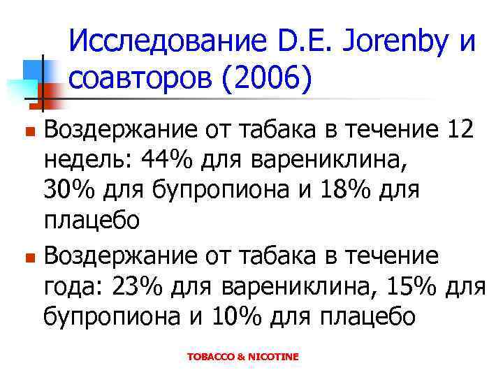 Исследование D. E. Jorenby и соавторов (2006) Воздержание от табака в течение 12 недель: