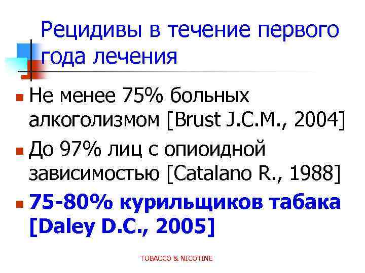 Рецидивы в течение первого года лечения Не менее 75% больных алкоголизмом [Brust J. C.