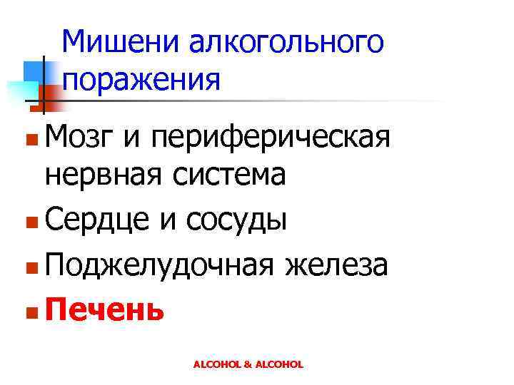 Мишени алкогольного поражения Мозг и периферическая нервная система n Сердце и сосуды n Поджелудочная