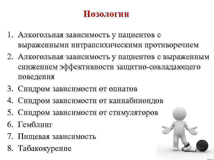 Нозологии 1. Алкогольная зависимость у пациентов с выраженными интрапсихическими противоречием 2. Алкогольная зависимость у