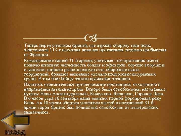  Теперь перед участком фронта, где держал оборону наш полк, действовала 113 -я пехотная