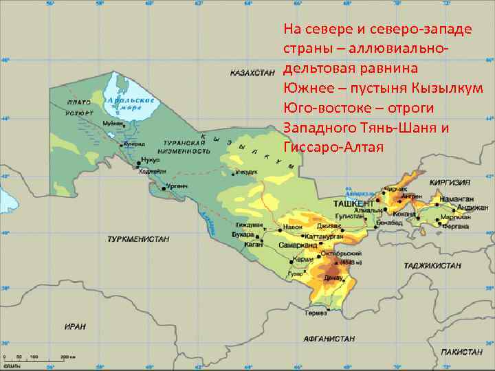 На севере и северо-западе страны – аллювиальнодельтовая равнина Южнее – пустыня Кызылкум Юго-востоке –