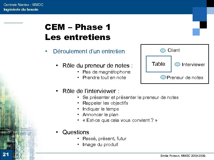 Centrale Nantes - MMDC Ingénierie du besoin CEM – Phase 1 Les entretiens Client