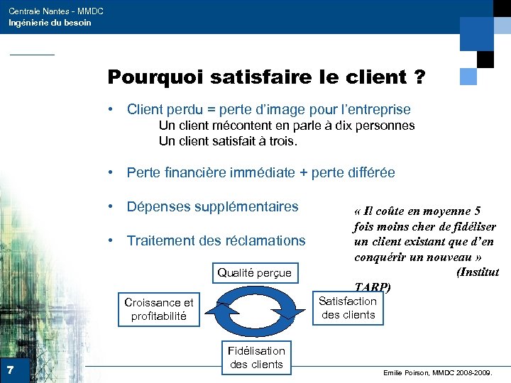 Centrale Nantes - MMDC Ingénierie du besoin Pourquoi satisfaire le client ? • Client