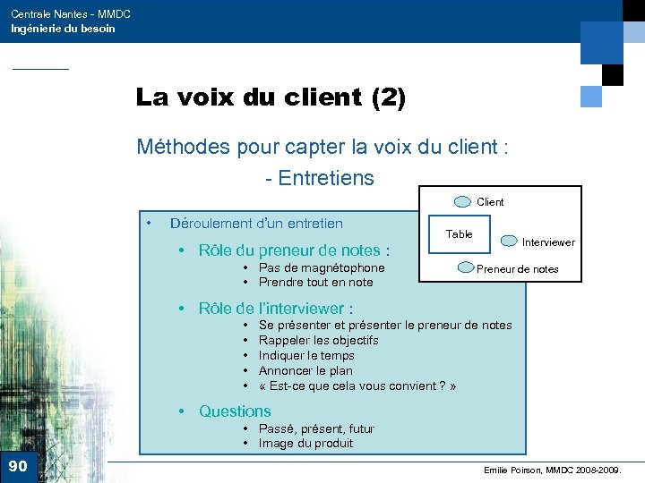 Centrale Nantes - MMDC Ingénierie du besoin La voix du client (2) Méthodes pour