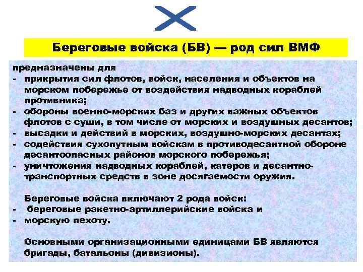 Береговые войска (БВ) — род сил ВМФ предназначены для - прикрытия сил флотов, войск,