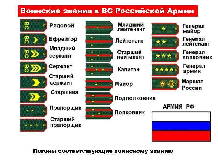 Воинские звания в ВС Российской Армии Погоны соответствующие воинскому званию 