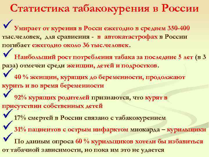 Статистика табакокурения в России ü Умирает от курения в Росси ежегодно в среднем 350