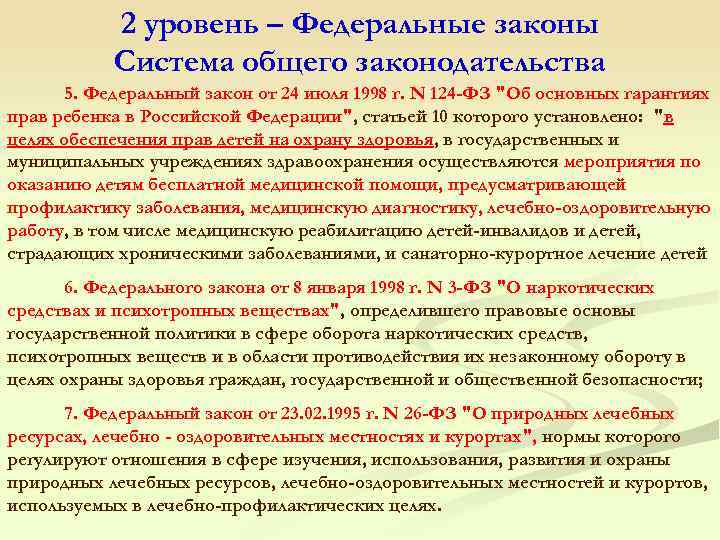 2 уровень – Федеральные законы Система общего законодательства 5. Федеральный закон от 24 июля