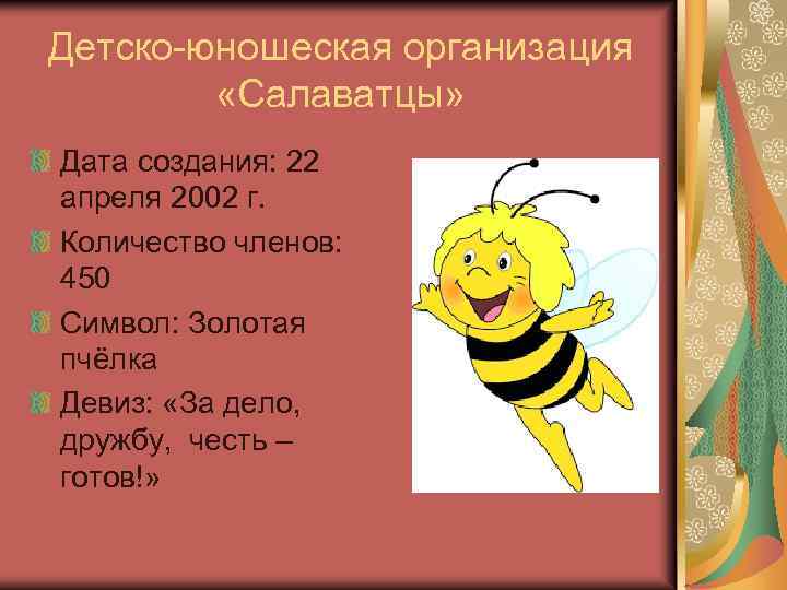 Детско-юношеская организация «Салаватцы» Дата создания: 22 апреля 2002 г. Количество членов: 450 Символ: Золотая