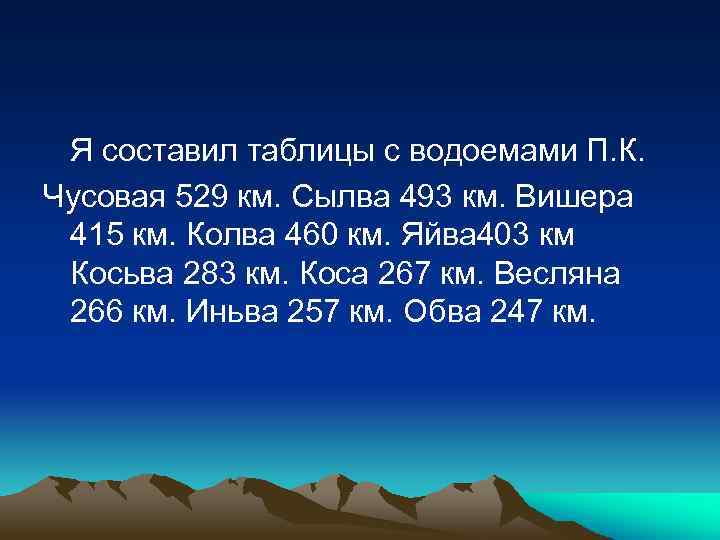 Я составил таблицы с водоемами П. К. Чусовая 529 км. Сылва 493 км. Вишера