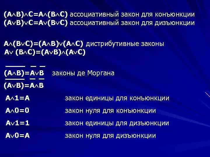  (A B) C=A (B C) ассоциативный закон для конъюнкции (A B) C=A (B