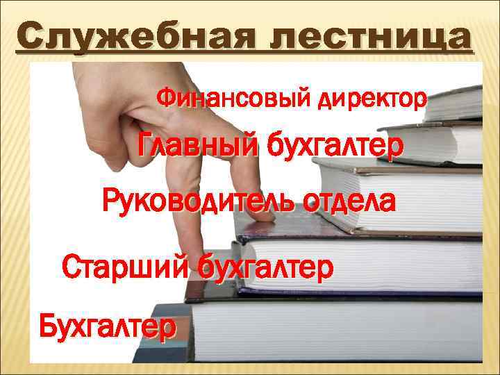 Служебная лестница Финансовый директор Главный бухгалтер Руководитель отдела Старший бухгалтер Бухгалтер 