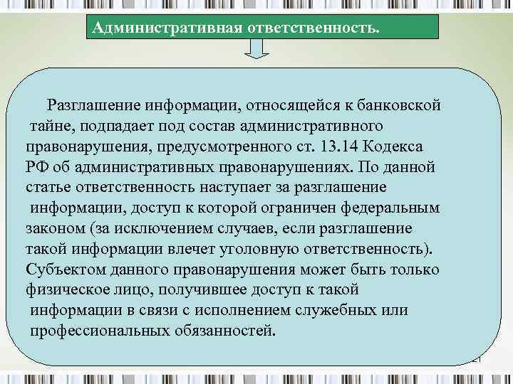 Административная ответственность. Разглашение информации, относящейся к банковской тайне, подпадает под состав административного правонарушения, предусмотренного