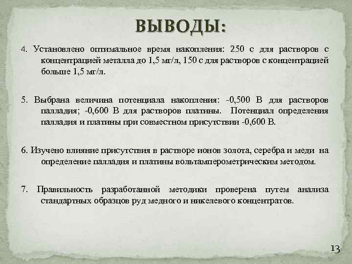 ВЫВОДЫ: 4. Установлено оптимальное время накопления: 250 с для растворов с концентрацией металла до