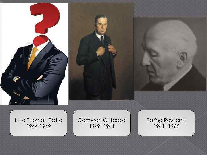 Lord Thomas Catto 1944 -1949 Cameron Cobbold 1949− 1961 Baring Rowland 1961− 1966 