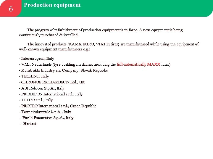 6 Production equipment The program of refurbishment of production equipment is in force. A