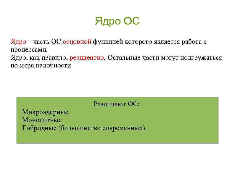Ядро ОС Ядро – часть ОС основной функцией которого является работа с процессами. Ядро,