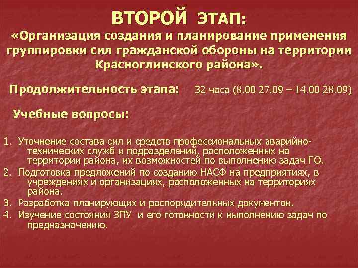 ВТОРОЙ ЭТАП: «Организация создания и планирование применения группировки сил гражданской обороны на территории Красноглинского