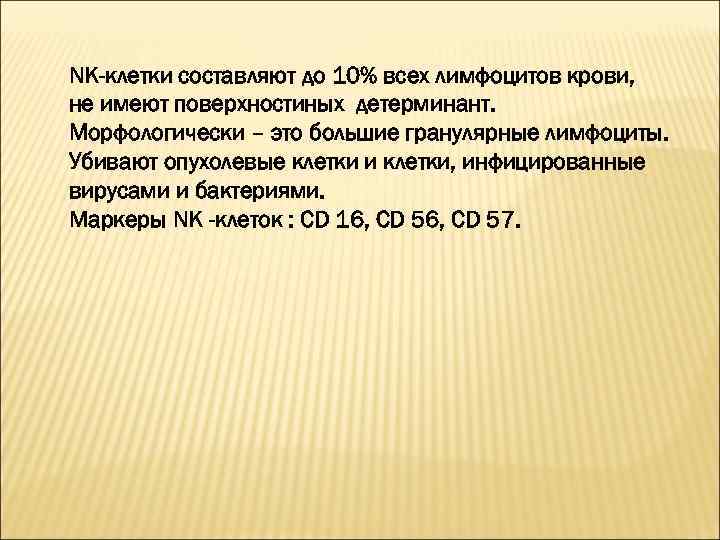 NK-клетки составляют до 10% всех лимфоцитов крови, не имеют поверхностиных детерминант. Морфологически – это